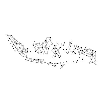 Indonesia map of polygonal mosaic lines network, rays and dots vector illustration.