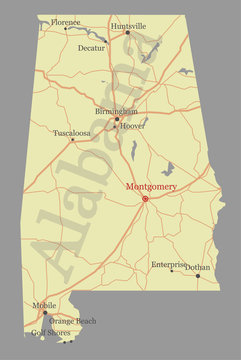 Alabama vector State Map with Community Assistance and Activates Icons Original pastel Illustration isolated on gray background.