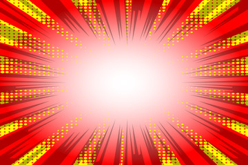 Vector retro comic red and yellow abstract background, half tone pop art style explosion effect design.
