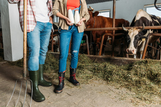 Farmers With Fresh Milk At Cowshed