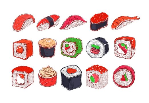 Asian Food collection. Sushi. Colored . Vector hand drawn illustration. Isolated objects for design