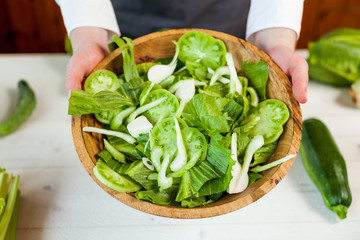 hands holding an healthy green fresh vegetarian salad in a bowl