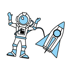 Flat line monocromatic astronaut and rocket over white background vector illustration