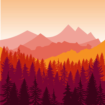 Panorama of mountains and forest silhouette landscape early on the sunset. Flat design Vector Illustration