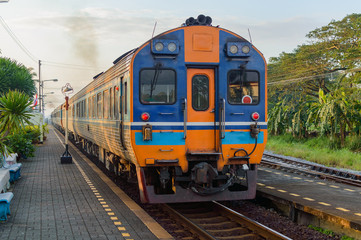 Naklejka premium The train arrives at the Lamae Train Station in the morning, Thailand