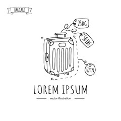 Hand drawn doodle Baggage icons set. Vector illustration. Weight and sizing allowance Type of baggage. Small suitcase luggage backpack carrying animals crate handbag tag label Sketch cartoon style.