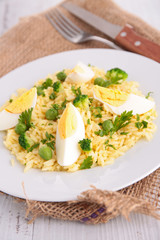 rice with pea and boiled egg