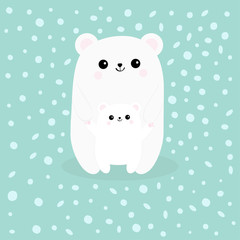 Polar white small little bear cub. Reaching for a hug. Cute cartoon character icon. Mother hugging baby. Arctic animal collection. Flat design. Winter blue background with snow flake.