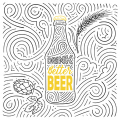 Beer theme card design. The lettering - Drink Better Beer. Handwritten swirl pattern. Vector illustration.