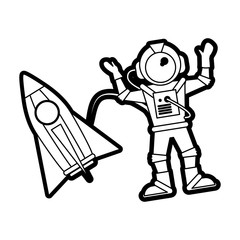 Flat line uncolored astronaut and rocket over white background vector illustration