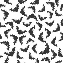 Black bat seamless pattern on white background. Flat styled vector illustration. Halloween holiday symbols design