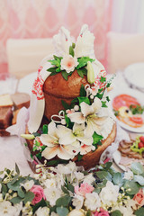 Wedding bread decorated with flowers and icing