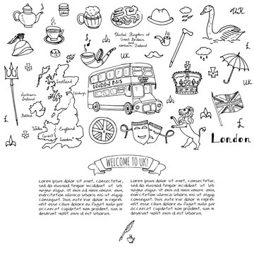 Hand drawn doodle United Kingdom set Vector illustration UK icons  Welcome to London elements British symbols collection Tea Bus Horse riding Golf Crown Beer Lion Bulldog Flag Britannia Pound sterling