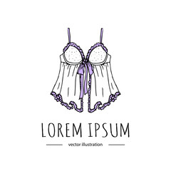 Hand drawn doodle Lingerie icon. Fashion Babydoll feminine vector illustration. Sexy lacy woman underwear symbol collection. Cartoon sketch element: short nightgown, bra, negligee, nightwear 