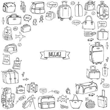 Hand drawn doodle Baggage icons set. Vector illustration. Different types of baggage. Large and small suitcase, hand luggage, backpack, carrying animals, crate, handbag, tag. Sketch cartoon style.
