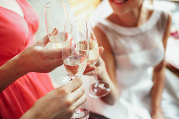 Bride clang glasses with her bridesmaids
