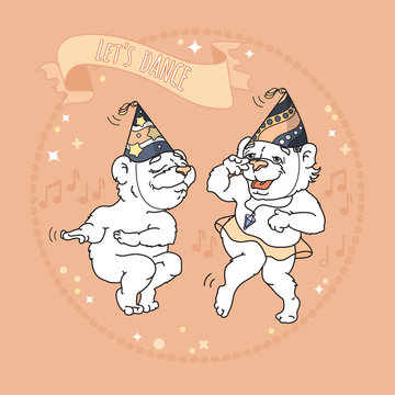 Two cute bears in party hats are dancing.