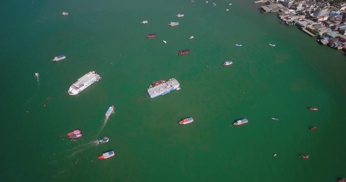 Tour Boats Moored in Pattaya Bay, Thailand, Birds Eye Shot
