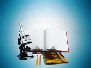 Concept of school and education biology microscope notebook 3d render on blue background