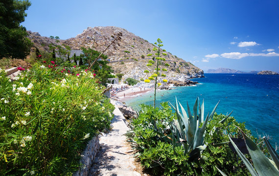View from Hydra Island. Castello Hydra and Kamini beach. Blue sky