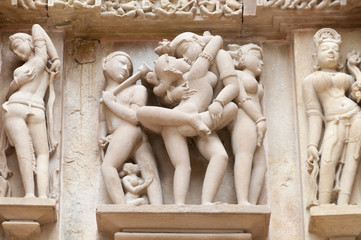 Erotic sculptures of temples of Khajuraho in India