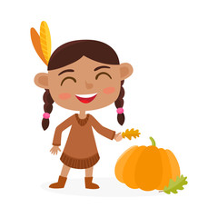 Happy thanksgiving day. Greeting card with indian girl and pumpkin.