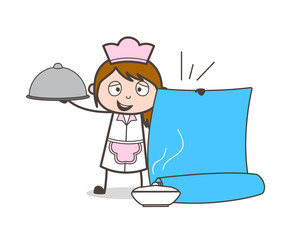 Happy Female Helper Holding a Dish and Scroll Banner Vector