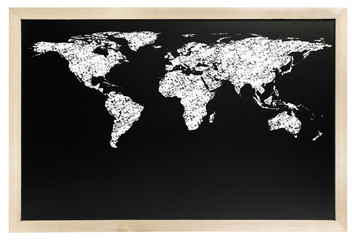 Draw a world map with white chalk on blackboard isolated on white background