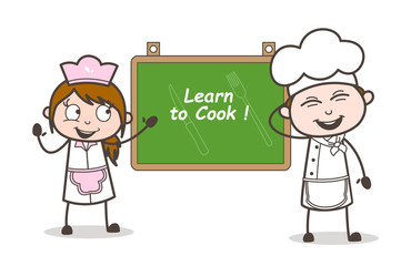 Cartoon Happy Chef and Waitress with Info Banner Vector