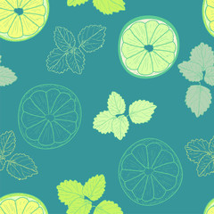 Seamless pattern with slices of lime and leaves of mint on blue background