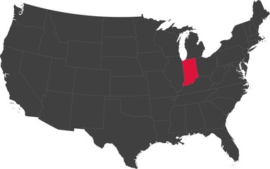 Map of the United States of America split into individual states. Highlighted state of Indiana.