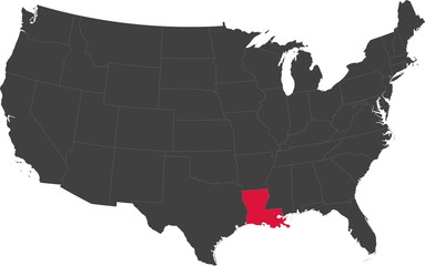 Map of the United States of America split into individual states. Highlighted state of Louisiana.