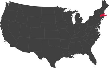 Map of the United States of America split into individual states. Highlighted state of Massachusetts.
