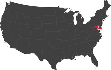 Map of the United States of America split into individual states. Highlighted state of Maryland.