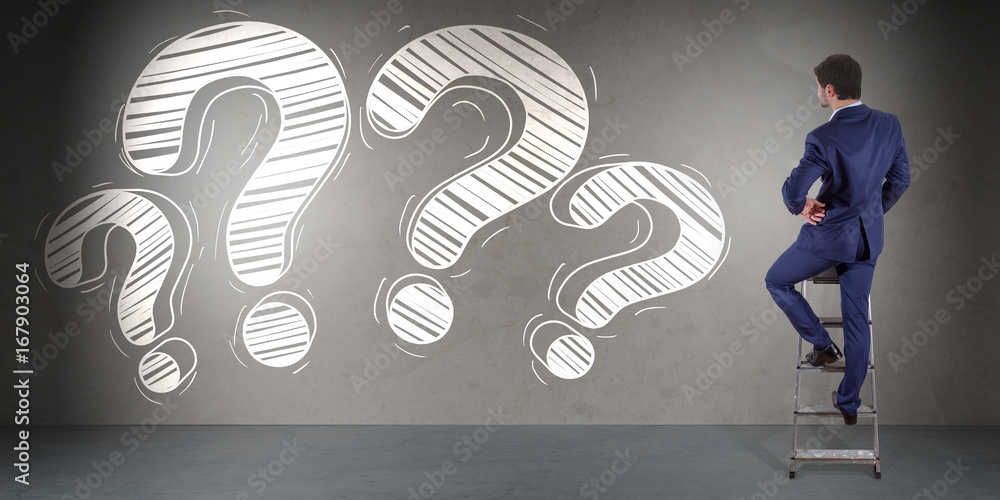 Poster businessman watching a question mark sketch on a wall 3d rendering