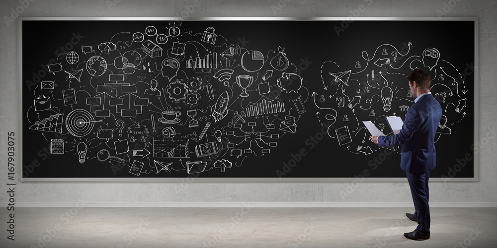 Poster Businessman watching a project sketch on a board 3D rendering
