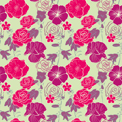 Seamless pattern with colorful beautiful pink and purple flowers, vector illustration