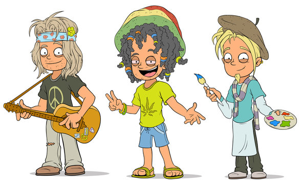 Cartoon hippie jamaican artist characters set