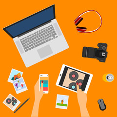 Flat style card template. Everyday electronic object