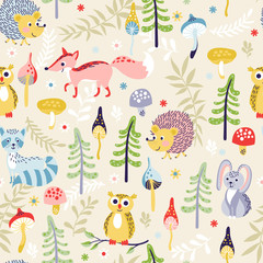 Seamless pattern with forest animals