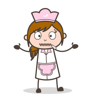 Cartoon Waitress Zipper-Mouth Face Vector Illustration