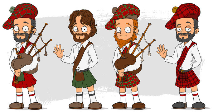 Cartoon scottish with bagpipe characters set