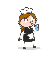 Cartoon Thirsty Female Servant Drinking Refreshment Vector Illustration