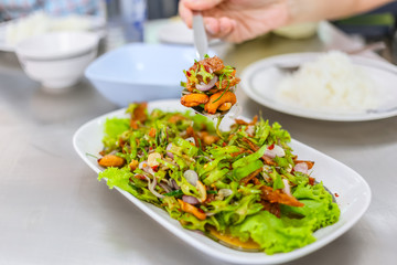 Thai food healthy mix salad. Winged bean spicy mix with cashew nut
