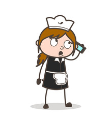 Cartoon Waitress Dealing with Client on Phone Vector Illustration
