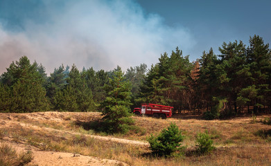 fire truck to put out a forest fire. firefighters to extinguish the fire.