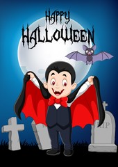 Cartoon funny vampire with halloween background
