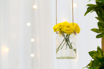 The marigold flowers in a glass bottle hanging. Flower vase arrangements on blurred background and bokeh