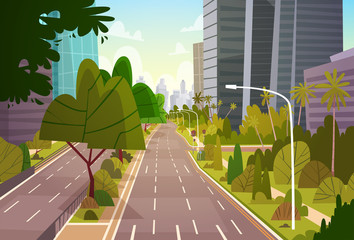 City Street Skyscraper Buildings View Modern Cityscape Empty Downtown Flat Vector Illustration