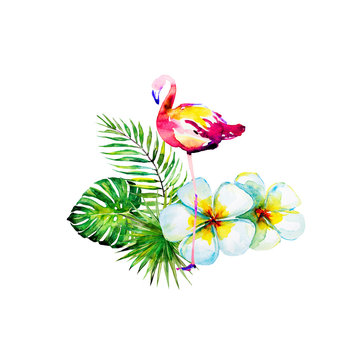 beautiful tropical palm leaves and flamingo, watercolor